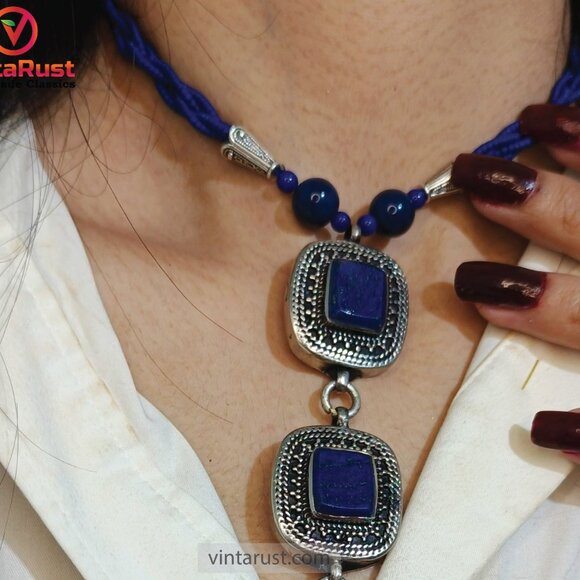 Beaded Chain Necklace with Triple Blue Square Pendants, Lapis Lazuli Stone - Picture 2 of 16